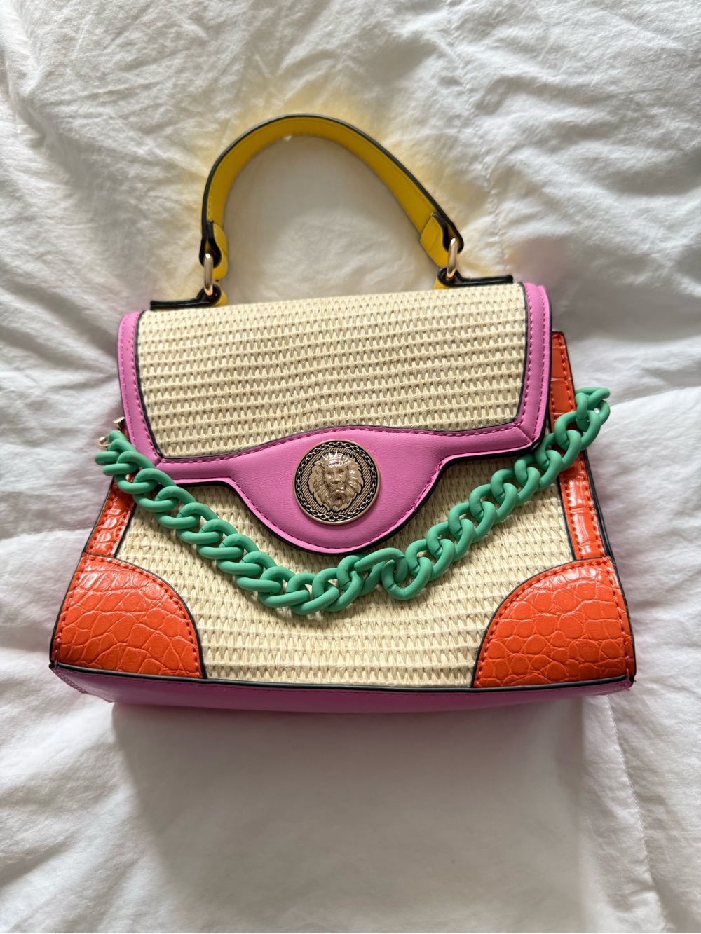 Aldo Multicolor Straw Top-Handle Mini Bag with Mint Chain